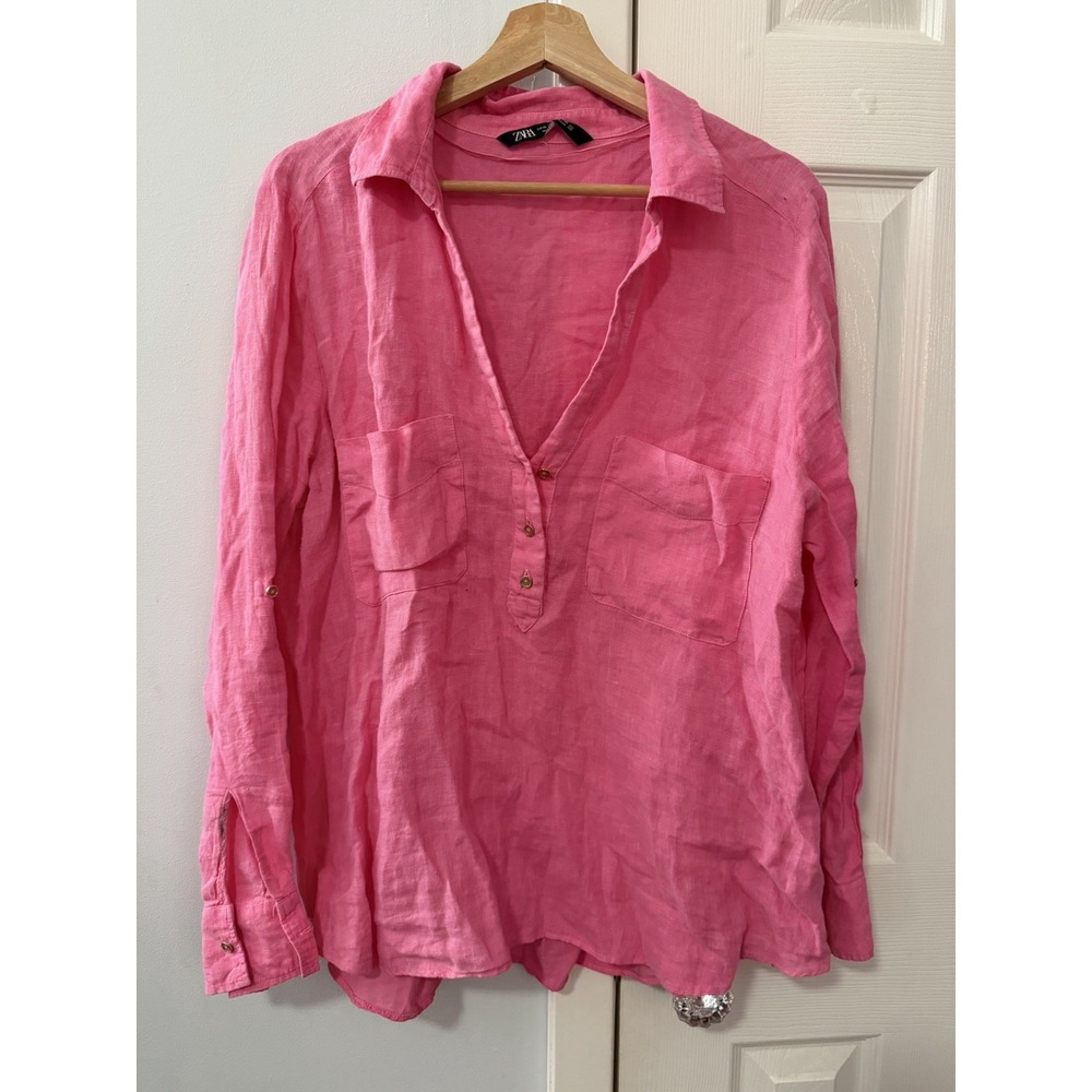 Zara 100% Linen Button Up Roll Tab Sleeve Shirt Sz XL Barbiecore Feminine Pink